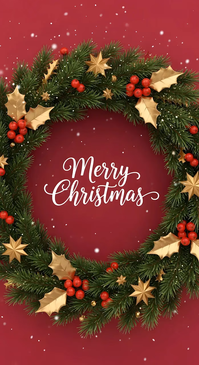 Classic Christmas Wreath Golden Stars Red Berries - Free Mobile AMOLED Wallpaper Background