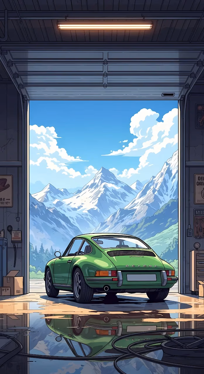 Download Classic Green Sports Car in Garage Facing Snowy Mountains Wallpaper in Mobile HD Classic Green Sports Car in Garage Facing Snowy Mountains - Free Mobile AMOLED Wallpaper Background