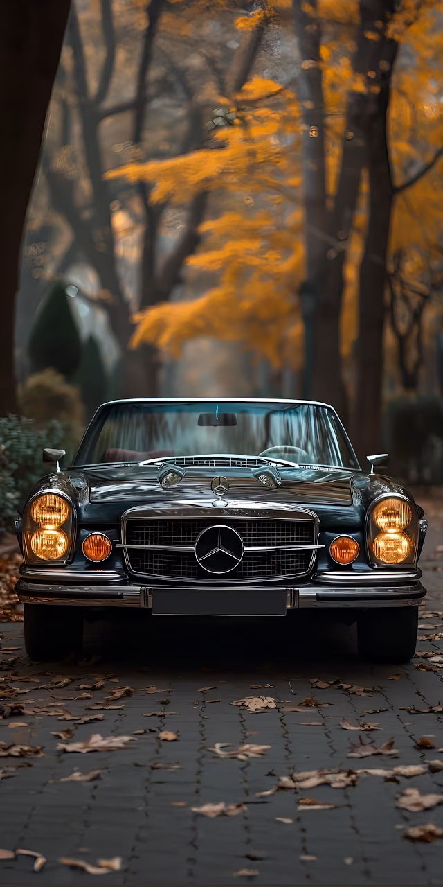 Download Classic Mercedes-Benz in Autumn Forest Path Wallpaper in Mobile HD Classic Mercedes-Benz in Autumn Forest Path - Free Mobile AMOLED Wallpaper Background