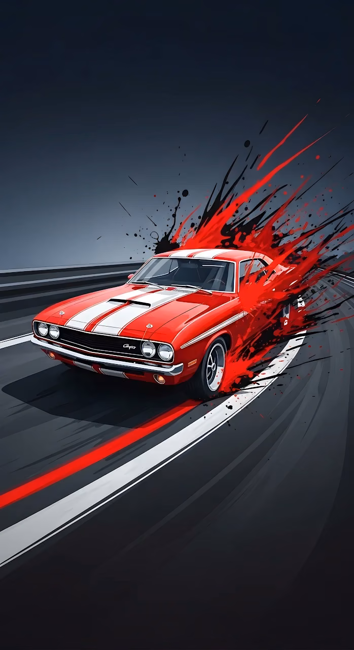 Classic Muscle Car Speeding with Red Ink Splash Art - Free Mobile AMOLED Wallpaper Background