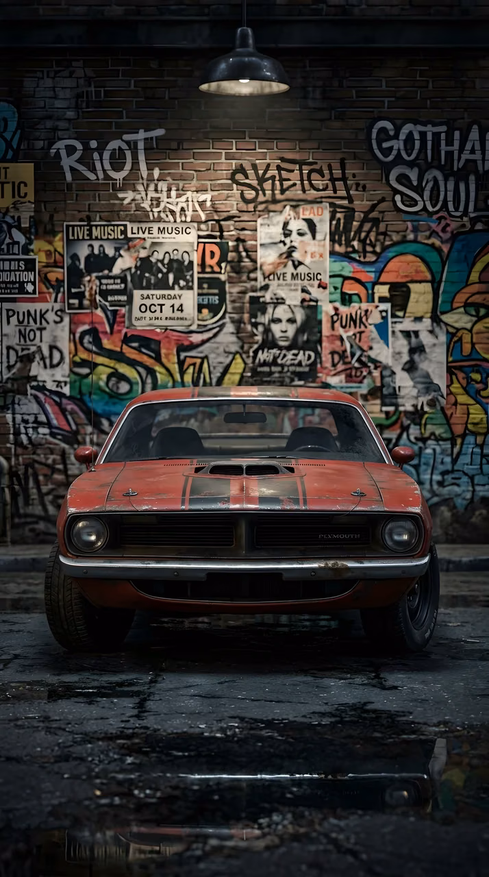 Download Classic Red Muscle Car in Graffiti Garage Wallpaper in Mobile HD Classic Red Muscle Car in Graffiti Garage - Free Mobile AMOLED Wallpaper Background