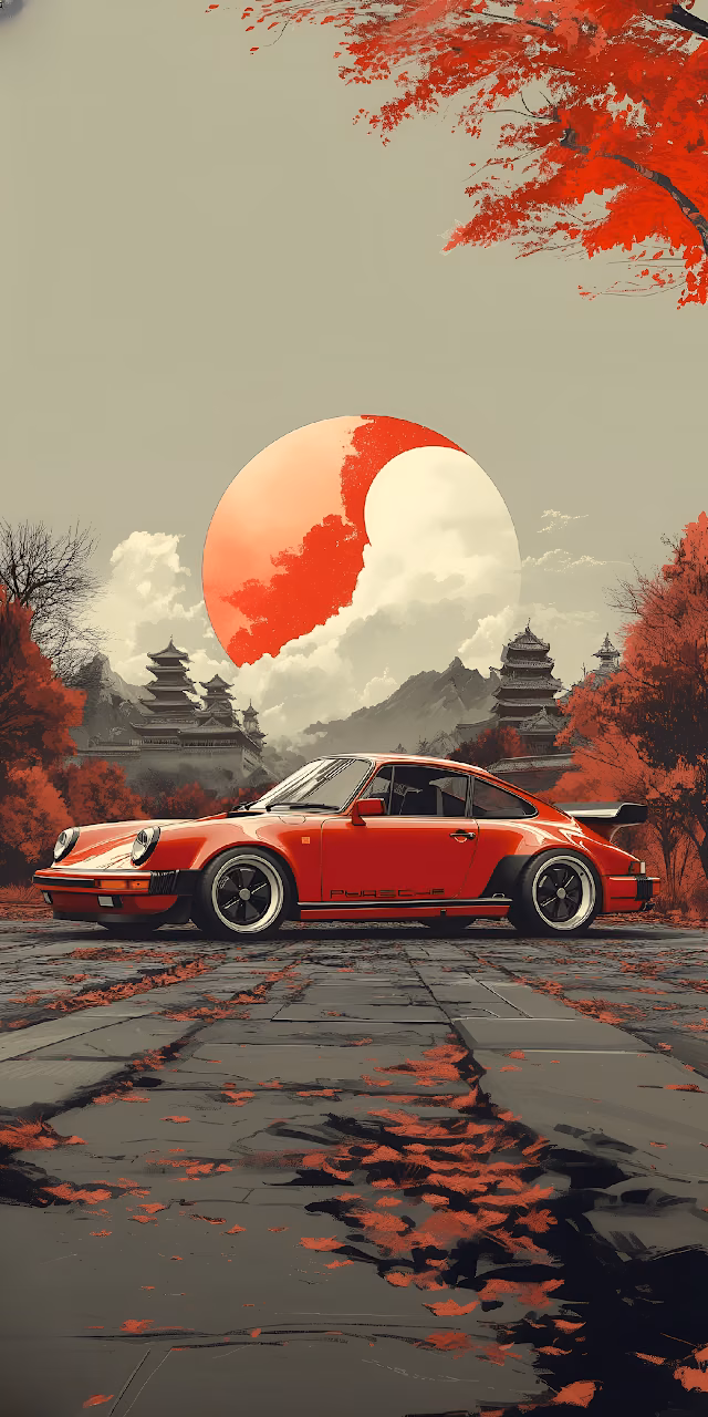 Classic Red Porsche 911 Japanese Pagoda Art Illustration - Free Mobile AMOLED Wallpaper Background