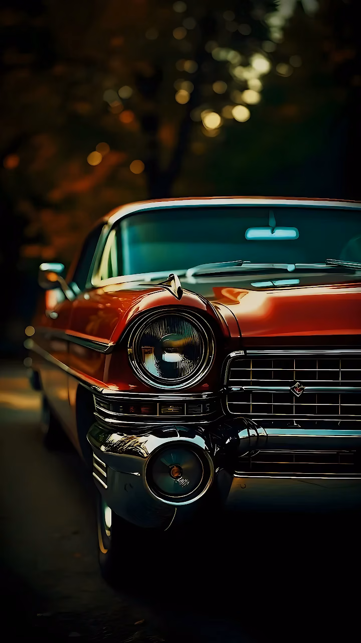 Download Classic Red Vintage Car Chrome Headlight 4K Wallpaper in Mobile HD Close-up of the front chrome headlight and bumper of a red classic vintage automobile with background bokeh.
