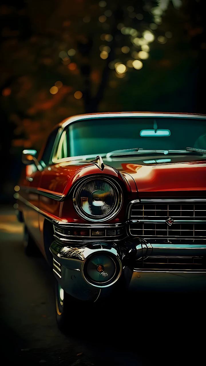 Download Classic Red Vintage Car Chrome Headlight 4K Wallpaper in Mobile HD Close-up of the front chrome headlight and bumper of a red classic vintage automobile with background bokeh.