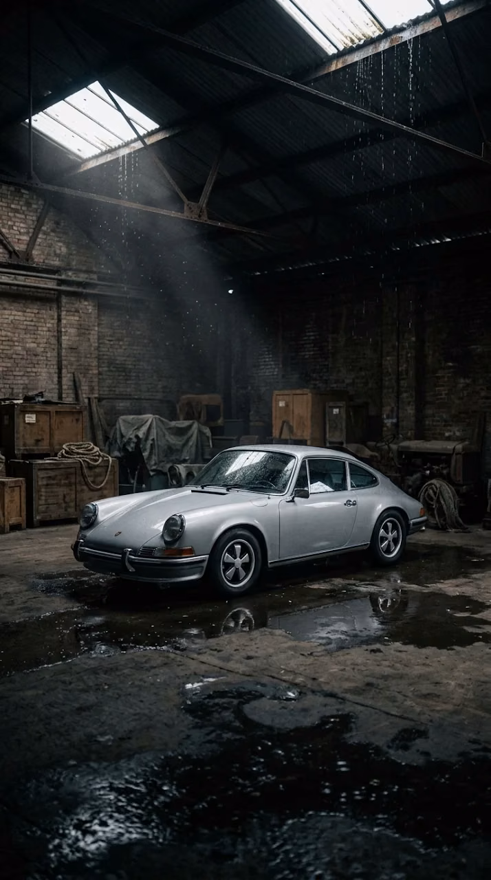 Classic Silver Porsche in Dim Rain Warehouse Wallpaper - Free Mobile AMOLED Wallpaper Background