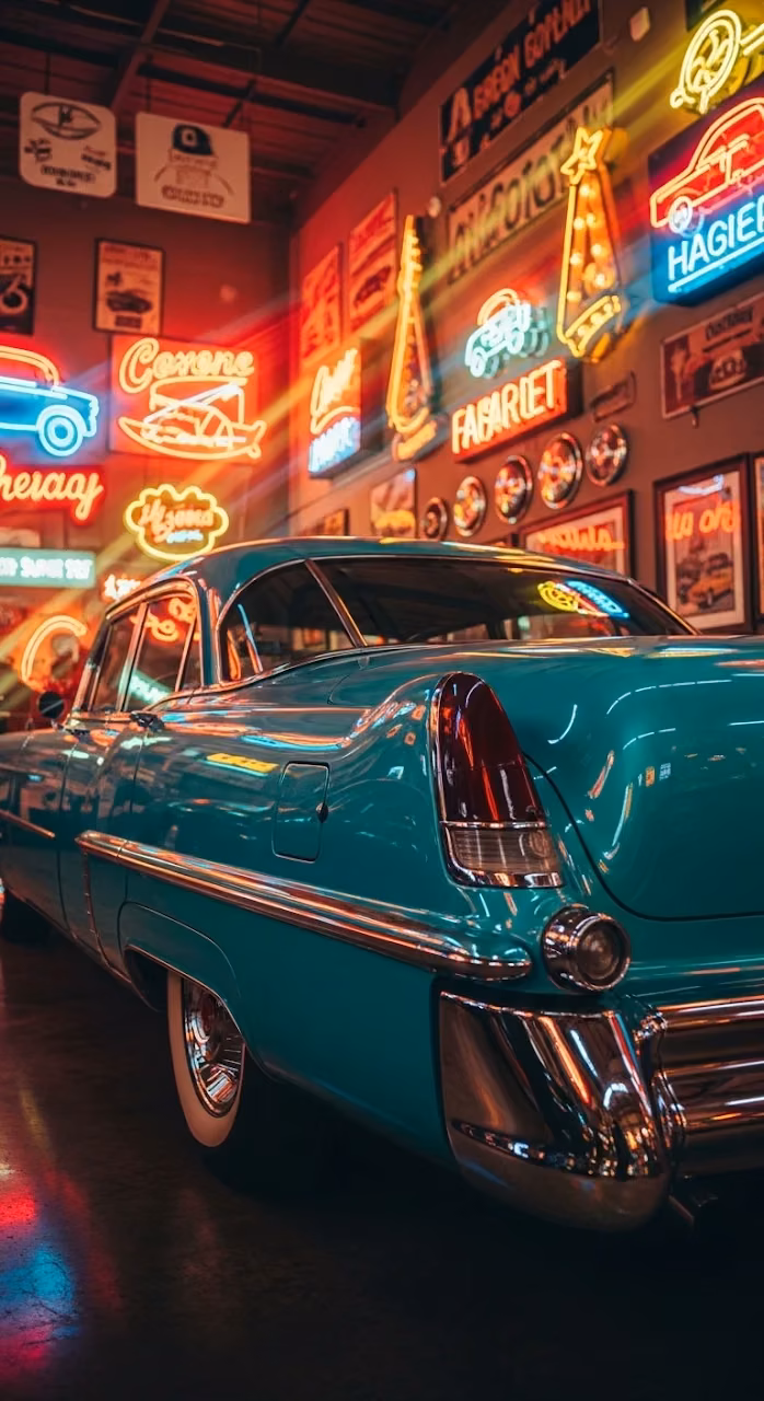 Download Classic Vintage European Sedan in a Nostalgic Neon Garage Wallpaper in Mobile HD Classic Vintage European Sedan in a Nostalgic Neon Garage - Free Mobile AMOLED Wallpaper Background