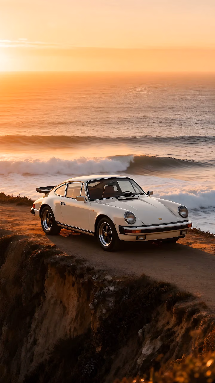 Download Classic Porsche 911 Ocean Cliff Sunset 4K Wallpaper in Mobile HD White vintage Porsche 911 coupe parked on a dirt cliff overlooking ocean waves at sunset.