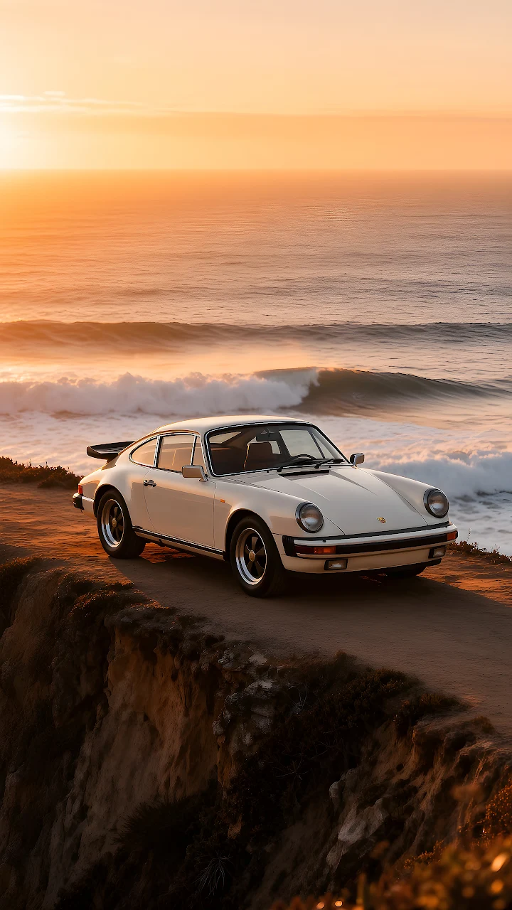 Download Classic Porsche 911 Ocean Cliff Sunset 4K Wallpaper in Mobile HD White vintage Porsche 911 coupe parked on a dirt cliff overlooking ocean waves at sunset.
