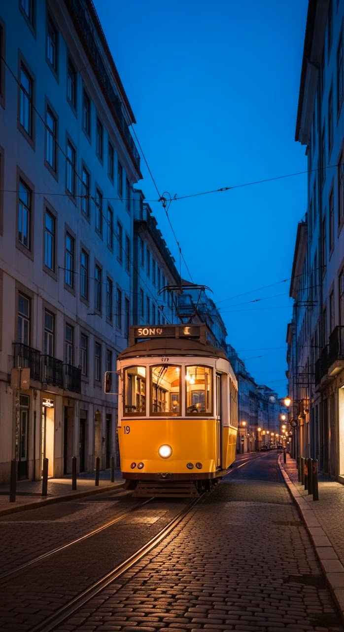 Classic Yellow Streetcar in Historic European City at Night - Free Mobile AMOLED Wallpaper Background