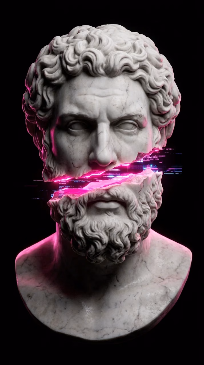 Classical Marble Bust with Digital Glitch and Neon Accents - Free Mobile AMOLED Wallpaper Background