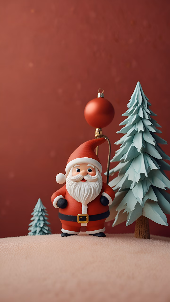 Download Clay Santa Figure with Mini Christmas Tree and Red Ornament Wallpaper in Mobile HD Clay Santa Figure with Mini Christmas Tree and Red Ornament - Free Mobile AMOLED Wallpaper Background