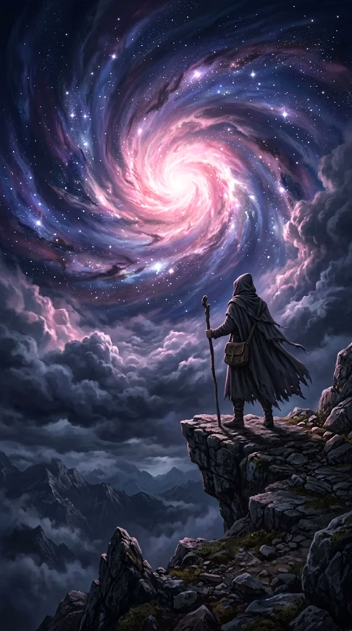Cloaked Traveler Gazing at a Swirling Celestial Nebula Maelstrom - Free Mobile AMOLED Wallpaper Background
