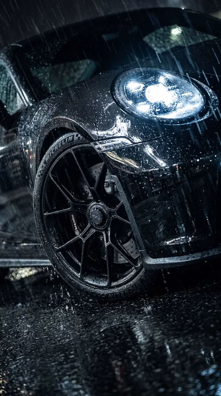 Download Close-up of a Black BMW Car parked in Heavy Rain Wallpaper in Mobile HD Close-up of a Black BMW Car parked in Heavy Rain - Free Mobile AMOLED Wallpaper Background