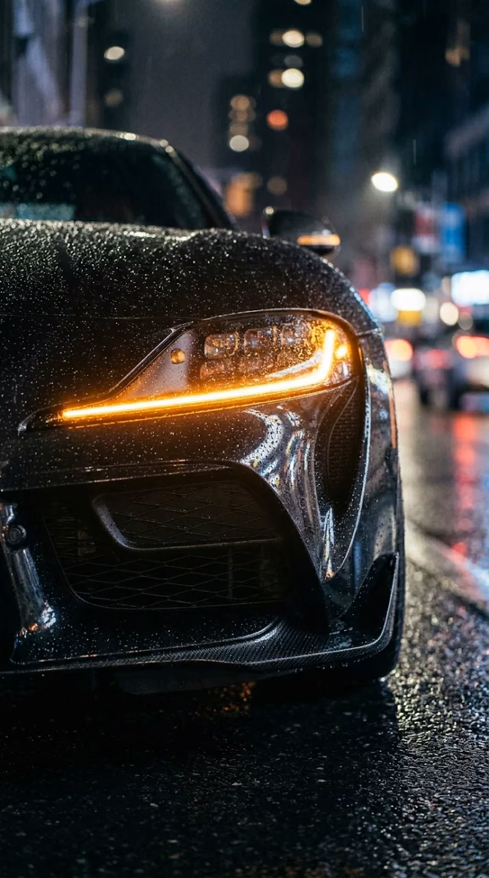 Download Close-Up of Black Porsche Headlight Covered in Raindrops at Night Wallpaper in Mobile HD Close-Up of Black Porsche Headlight Covered in Raindrops at Night - Free Mobile AMOLED Wallpaper Background