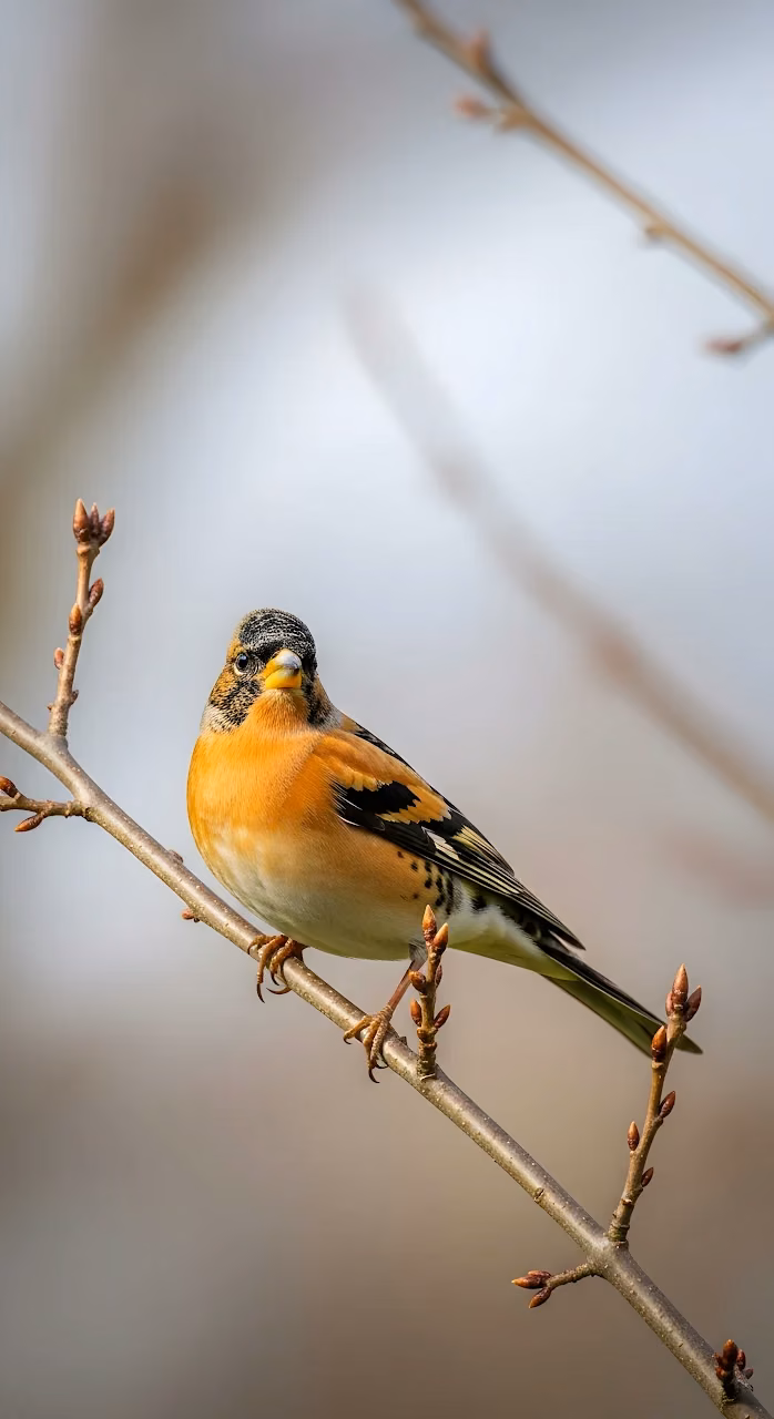 Close-up of Brambling Bird Perched on Budding Branch - Free Mobile AMOLED Wallpaper Background