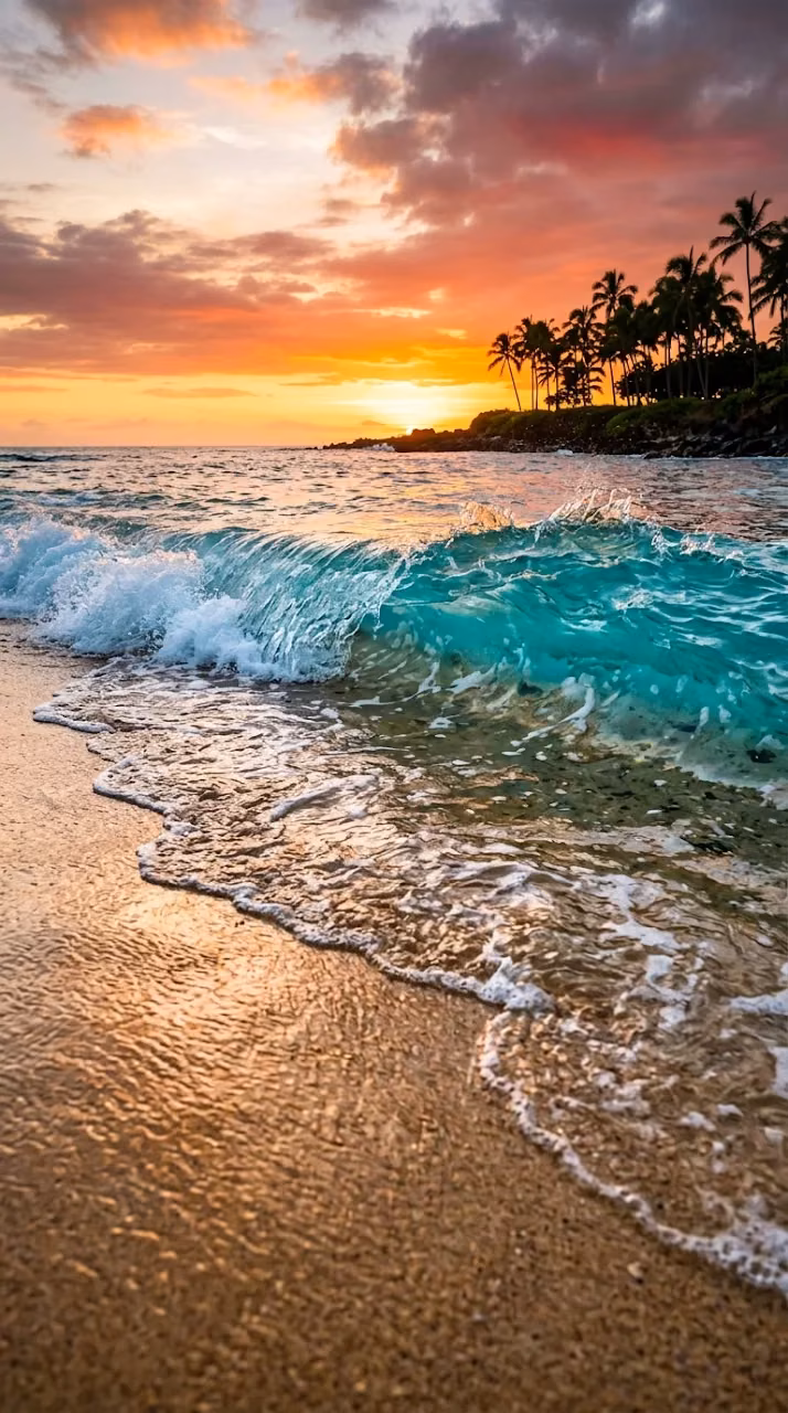 Close-up of Clear Turquoise Ocean Waves on Sand at Sunset - Free Mobile AMOLED Wallpaper Background