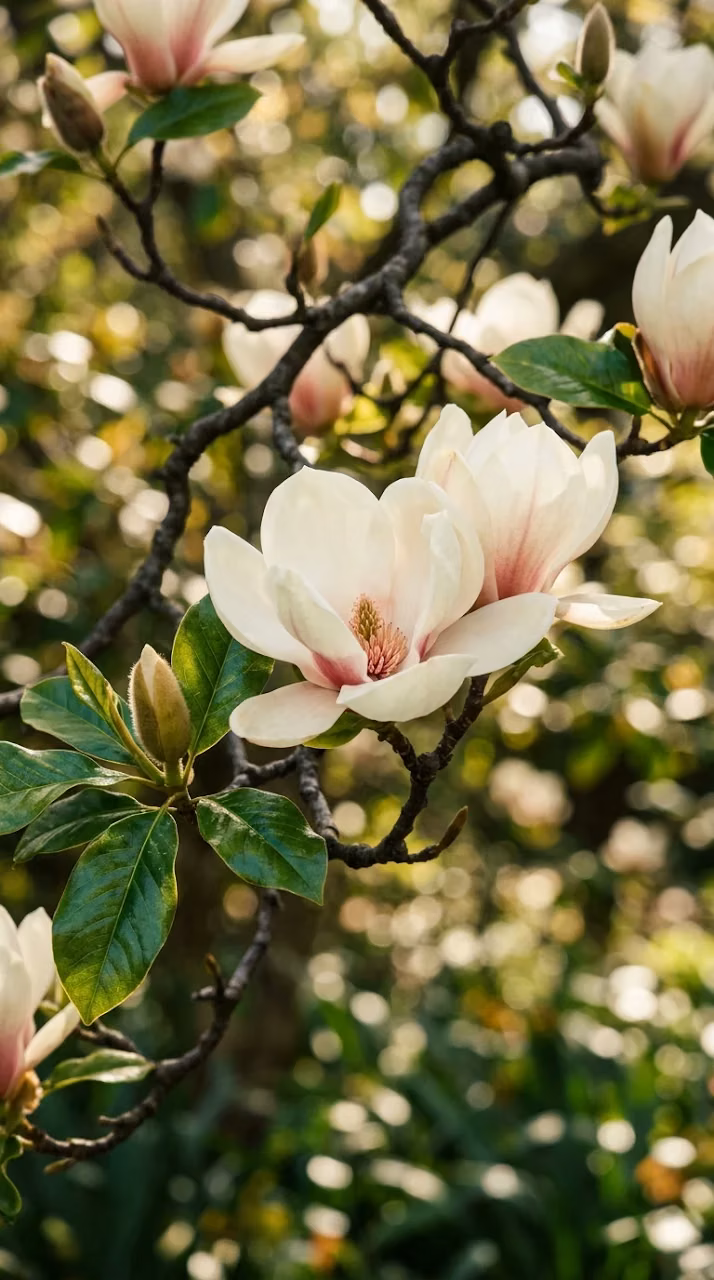 Download Close-up of Creamy Magnolia Blossoms on Tree Branch Wallpaper in Mobile HD Close-up of Creamy Magnolia Blossoms on Tree Branch - Free Mobile AMOLED Wallpaper Background