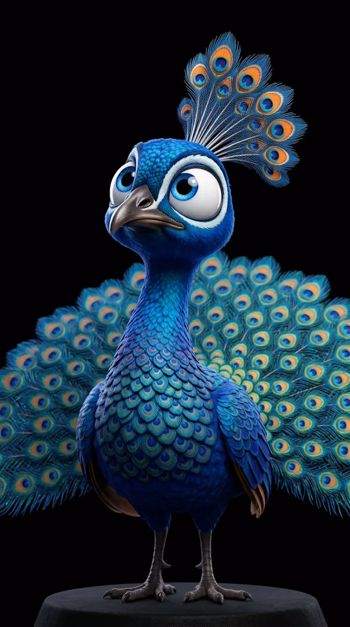 Download Close-Up of a Cute Stylized Peacock with Large Expressive Blue Eyes Wallpaper in Mobile HD Close-Up of a Cute Stylized Peacock with Large Expressive Blue Eyes - Free Mobile AMOLED Wallpaper Background
