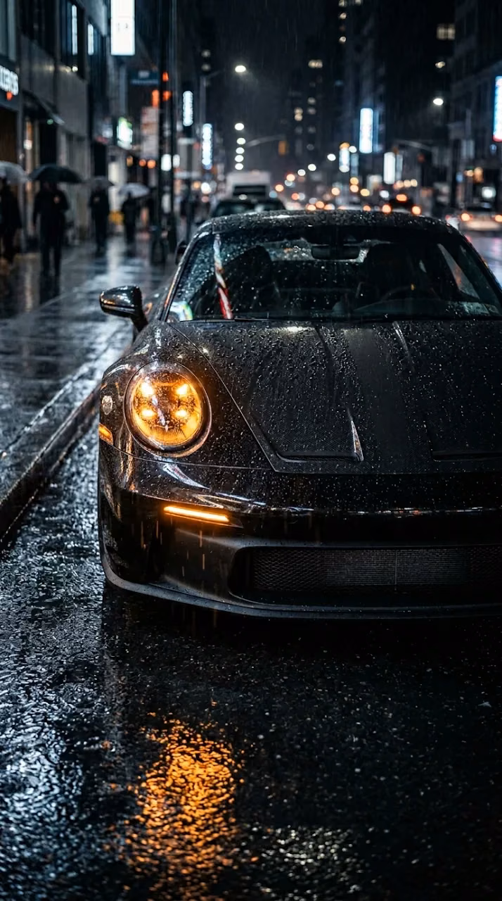 Download Close-up Front View of a Black Luxury Car in Rain Wallpaper in Mobile HD Close-up Front View of a Black Luxury Car in Rain - Free Mobile AMOLED Wallpaper Background