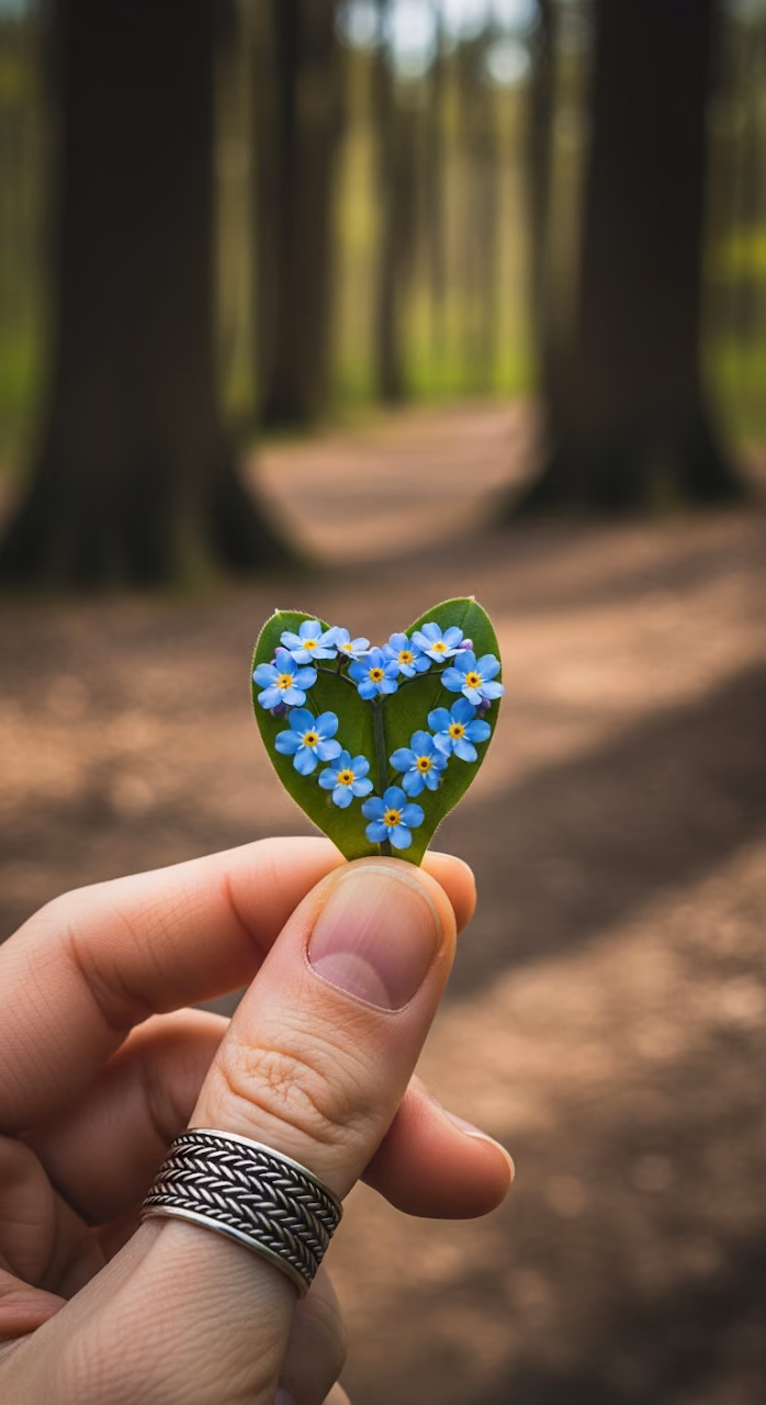 Download Close-up of Hand Holding Forget-Me-Not Flowers Arranged in a Heart Shape in a Forest Wallpaper in Mobile HD Close-up of Hand Holding Forget-Me-Not Flowers Arranged in a Heart Shape in a Forest - Free Mobile AMOLED Wallpaper Background