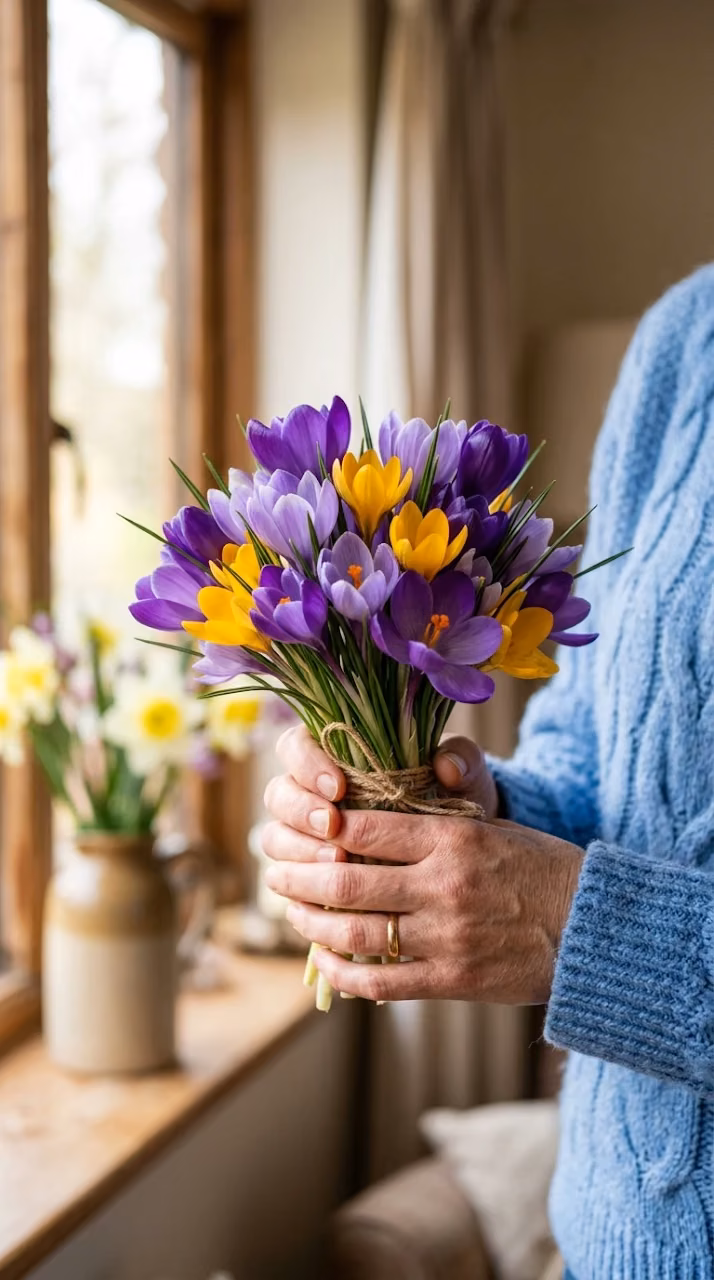Download Close-up of Hands Holding a Bouquet of Purple and Yellow Crocus Flowers Wallpaper in Mobile HD Close-up of Hands Holding a Bouquet of Purple and Yellow Crocus Flowers - Free Mobile AMOLED Wallpaper Background