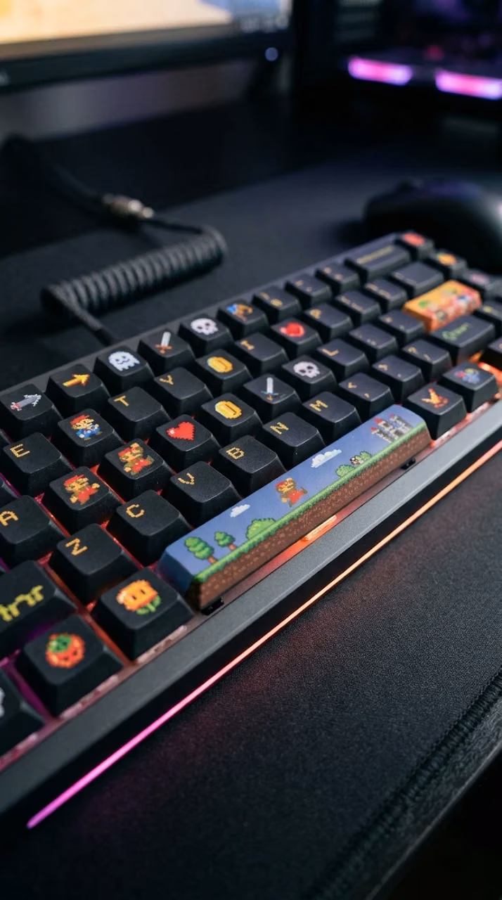 Close-Up Photo of a Mechanical Keyboard with Custom Pixel Art Keycaps - Free Mobile AMOLED Wallpaper Background