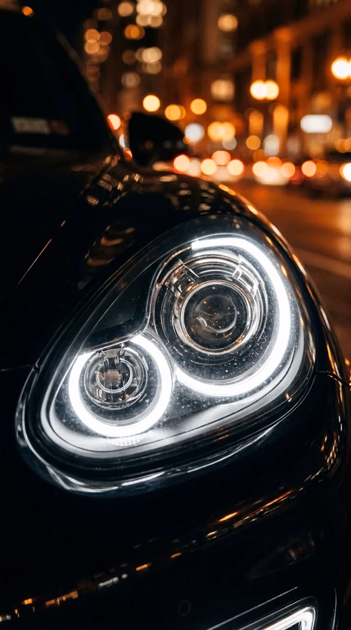 Close-up of Modern Luxury Car Headlight with Night Bokeh - Free Mobile AMOLED Wallpaper Background