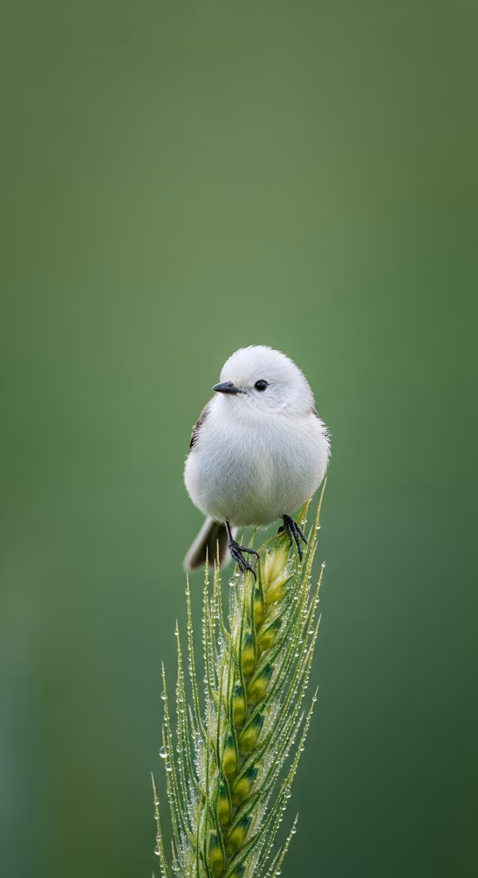 Download Close-up Photograph of a Tiny White Bird Perched on a Dew-Covered Green Wheat Head Wallpaper in Mobile HD Close-up Photograph of a Tiny White Bird Perched on a Dew-Covered Green Wheat Head - Free Mobile AMOLED Wallpaper Background