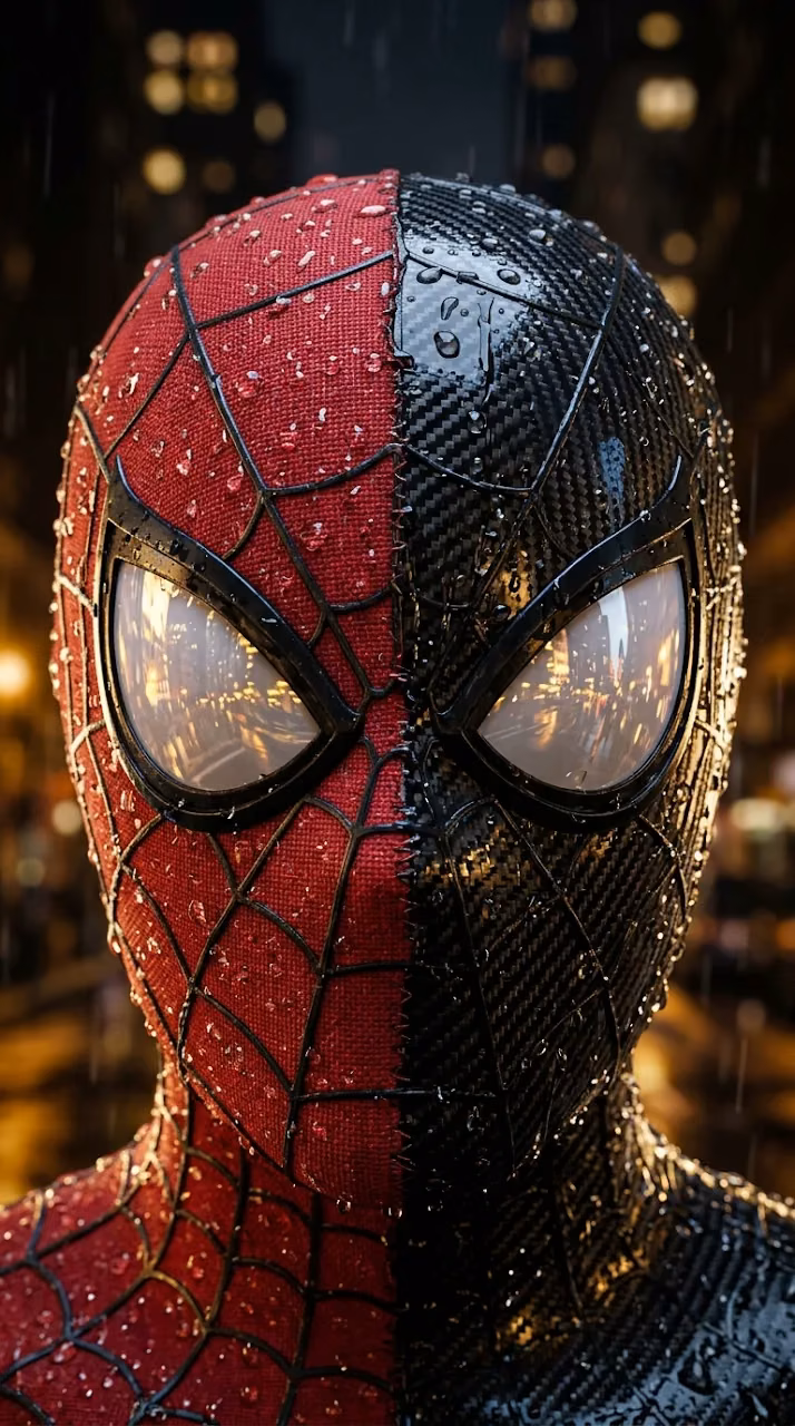 Close-up Split View of Red and Black Spiderman Mask with Raindrops - Free Mobile AMOLED Wallpaper Background