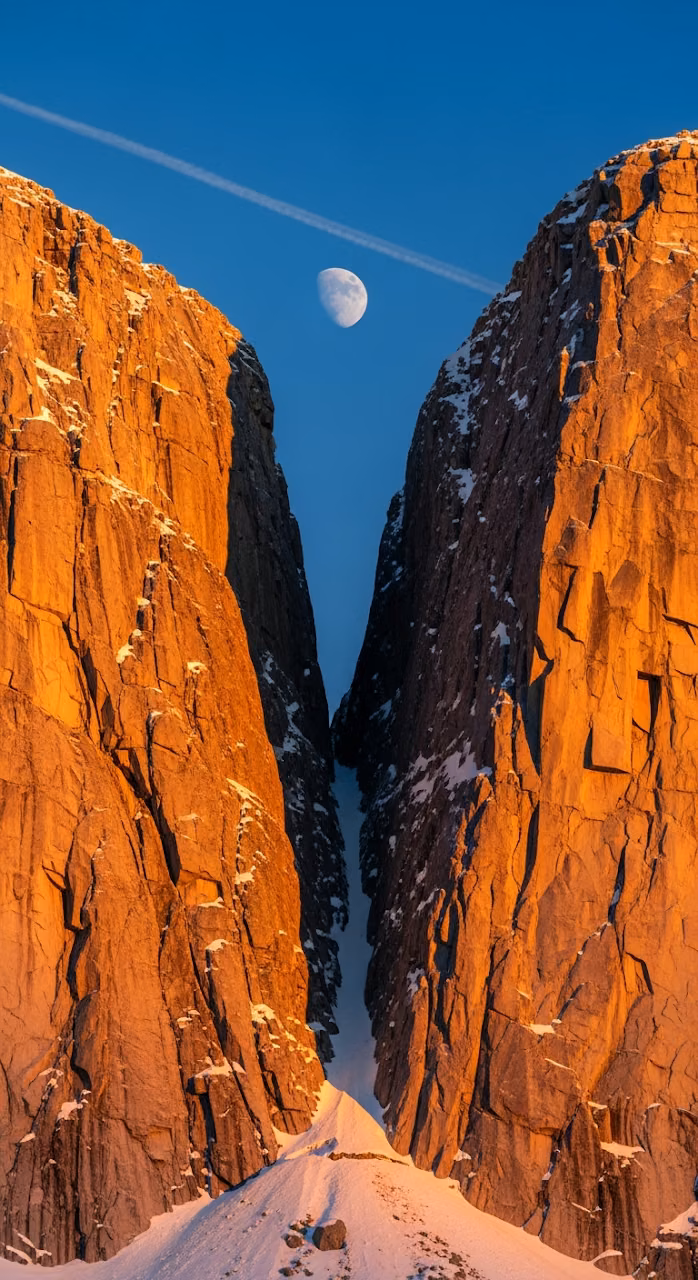 Close-up of Towering Golden Rock Cliffs with Moon and Contrail in Blue Sky - Free Mobile AMOLED Wallpaper Background