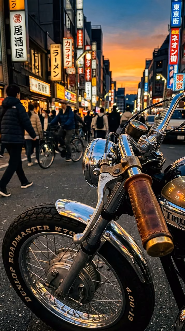 Close-up of Vintage Motorcycle with Urban Neon Background - Free Mobile AMOLED Wallpaper Background