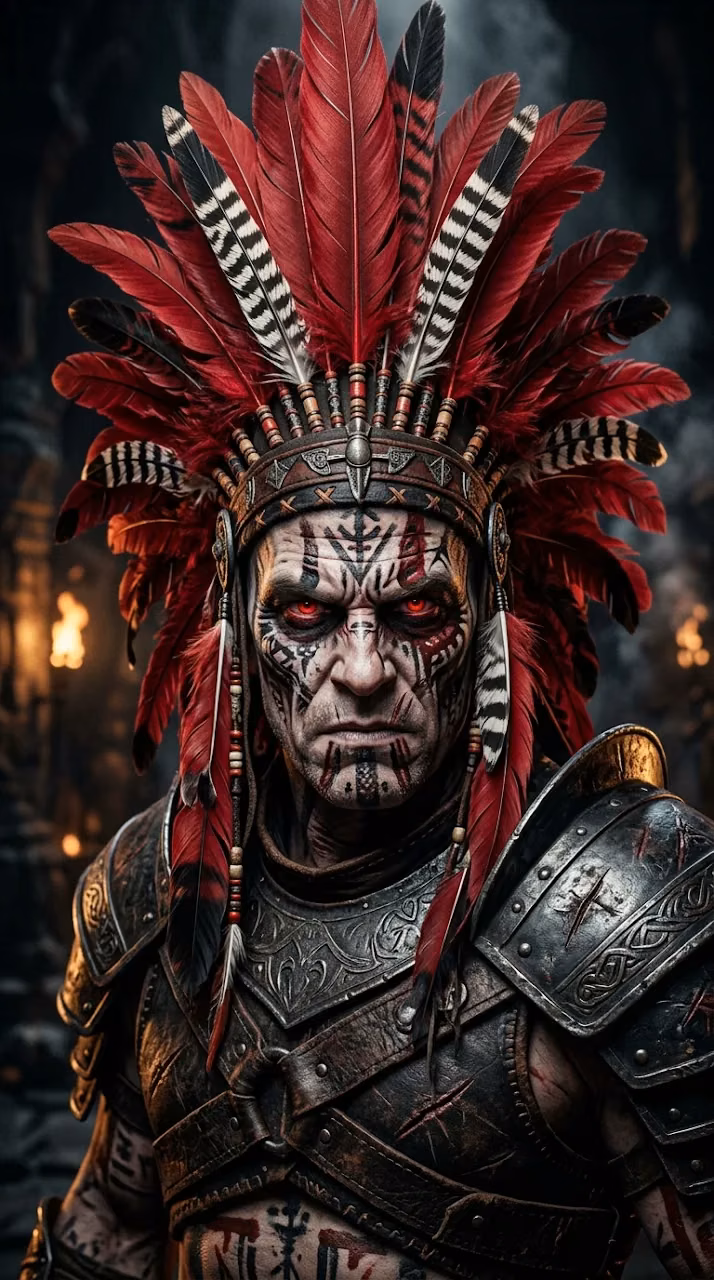 Close-up of Warrior in Colossal Red and Black Indigenous Headdress - Free Mobile AMOLED Wallpaper Background