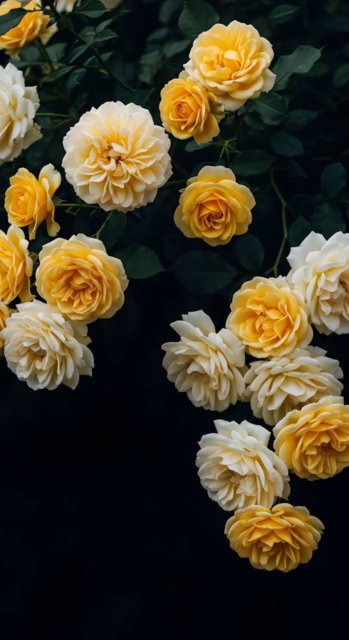 Cluster of Yellow and Cream Roses on Dark Moody Background - Free Mobile AMOLED Wallpaper Background