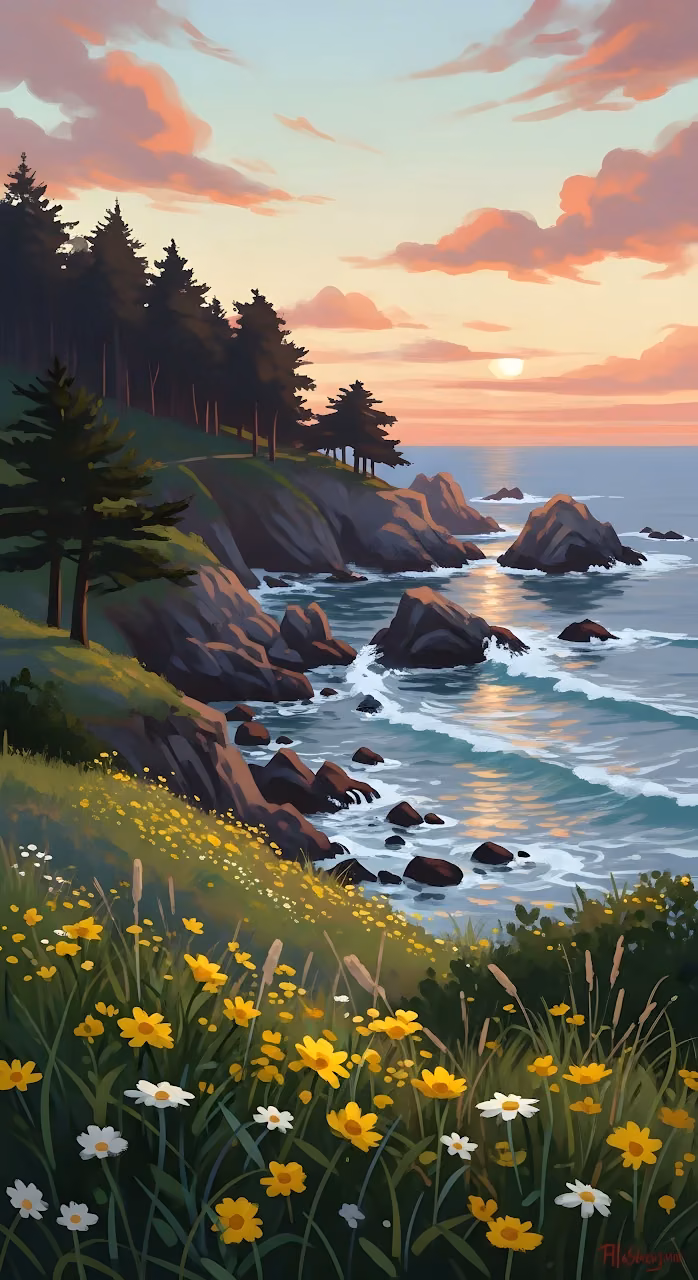 Coastal Cliffs at Sunset with Wildflowers and Pine Trees - Free Mobile AMOLED Wallpaper Background