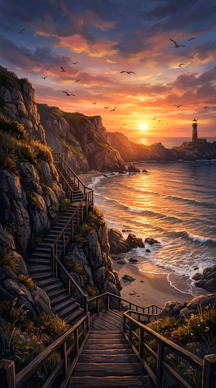 Download Coastal Cliffside at Sunset with Wooden Staircase and Lighthouse Wallpaper in Mobile HD Coastal Cliffside at Sunset with Wooden Staircase and Lighthouse - Free Mobile AMOLED Wallpaper Background