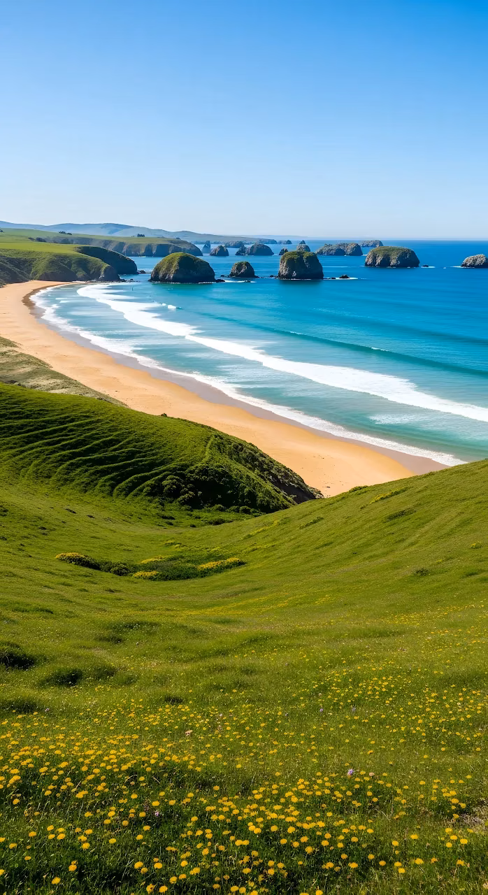 Coastal Green Hills Turquoise Ocean Sea Stacks Landscape - Free Mobile AMOLED Wallpaper Background