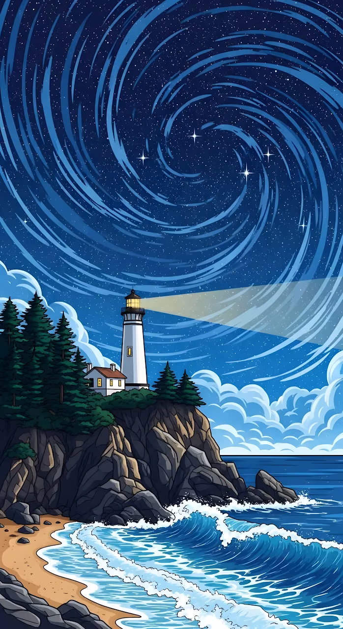 Download Coastal Lighthouse Illustration Under Swirling Starry Night Sky Wallpaper in Mobile HD Coastal Lighthouse Illustration Under Swirling Starry Night Sky - Free Mobile AMOLED Wallpaper Background