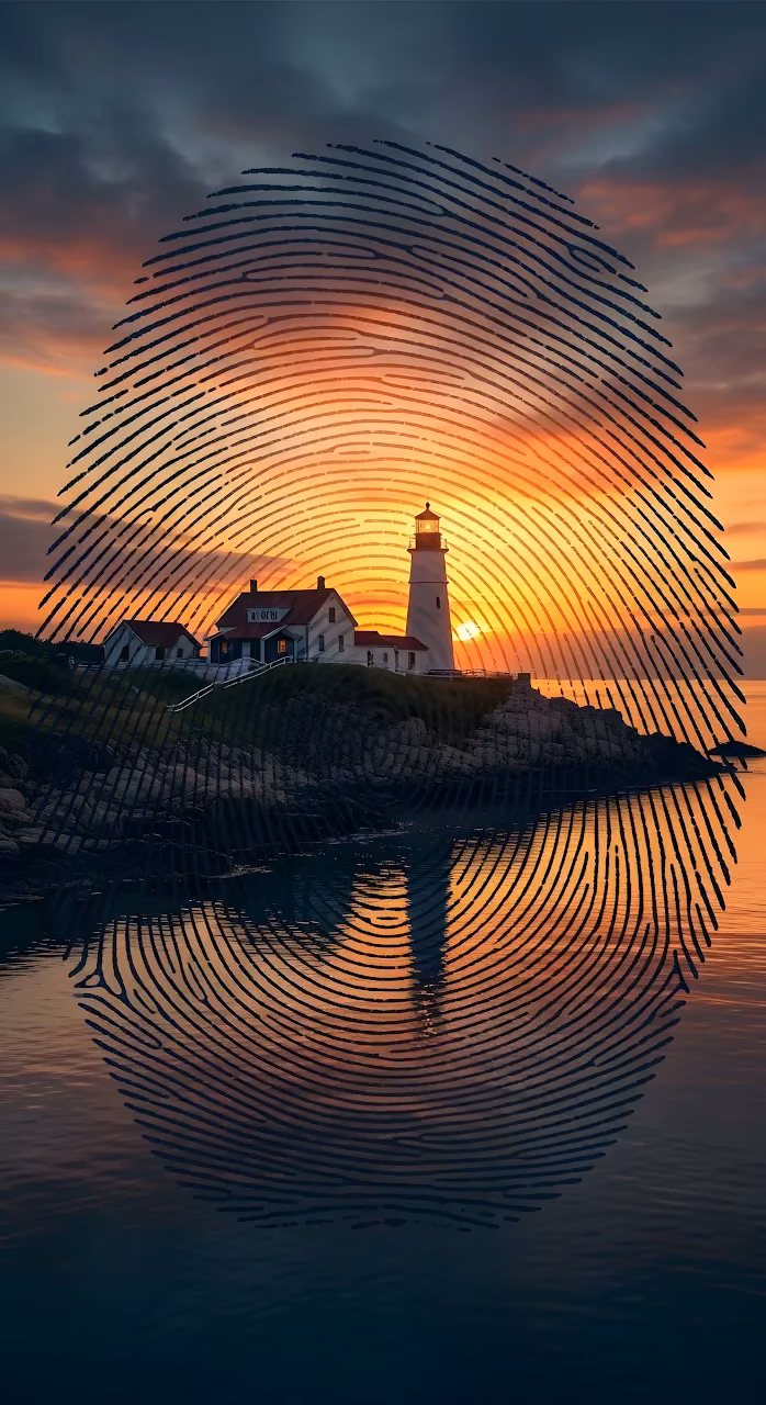 Coastal Lighthouse Sunset Inside Fingerprint Pattern Overlay - Free Mobile AMOLED Wallpaper Background