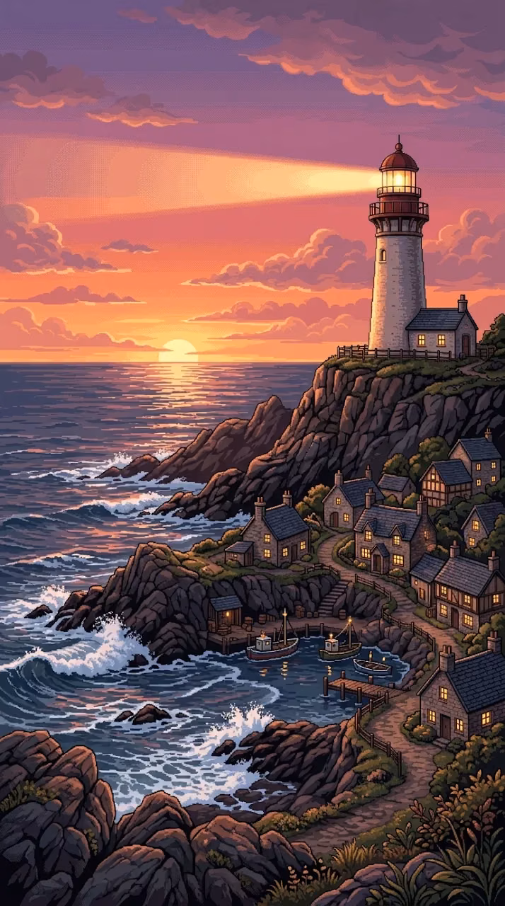 Download Coastal Sunset with Lighthouse and Glowing Seaside Cottages Wallpaper in Mobile HD Coastal Sunset with Lighthouse and Glowing Seaside Cottages - Free Mobile AMOLED Wallpaper Background