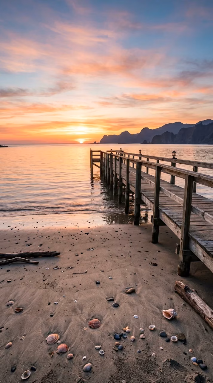 Coastal Sunset with Weathered Wooden Pier and Sandy Shore - Free Mobile AMOLED Wallpaper Background