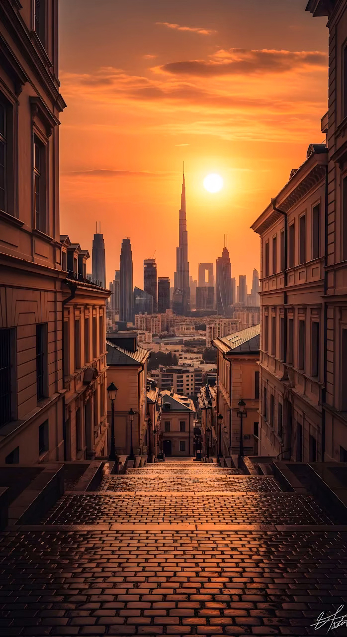 Cobblestone Steps Leading to a Modern City Skyline Sunset - Free Mobile AMOLED Wallpaper Background