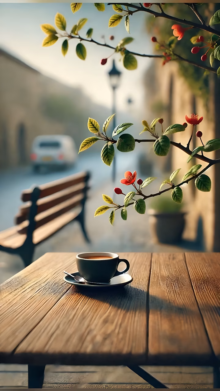 Download Coffee Cup on Wooden Table Under Blooming Branch Wallpaper in Mobile HD Coffee Cup on Wooden Table Under Blooming Branch - Free Mobile AMOLED Wallpaper Background
