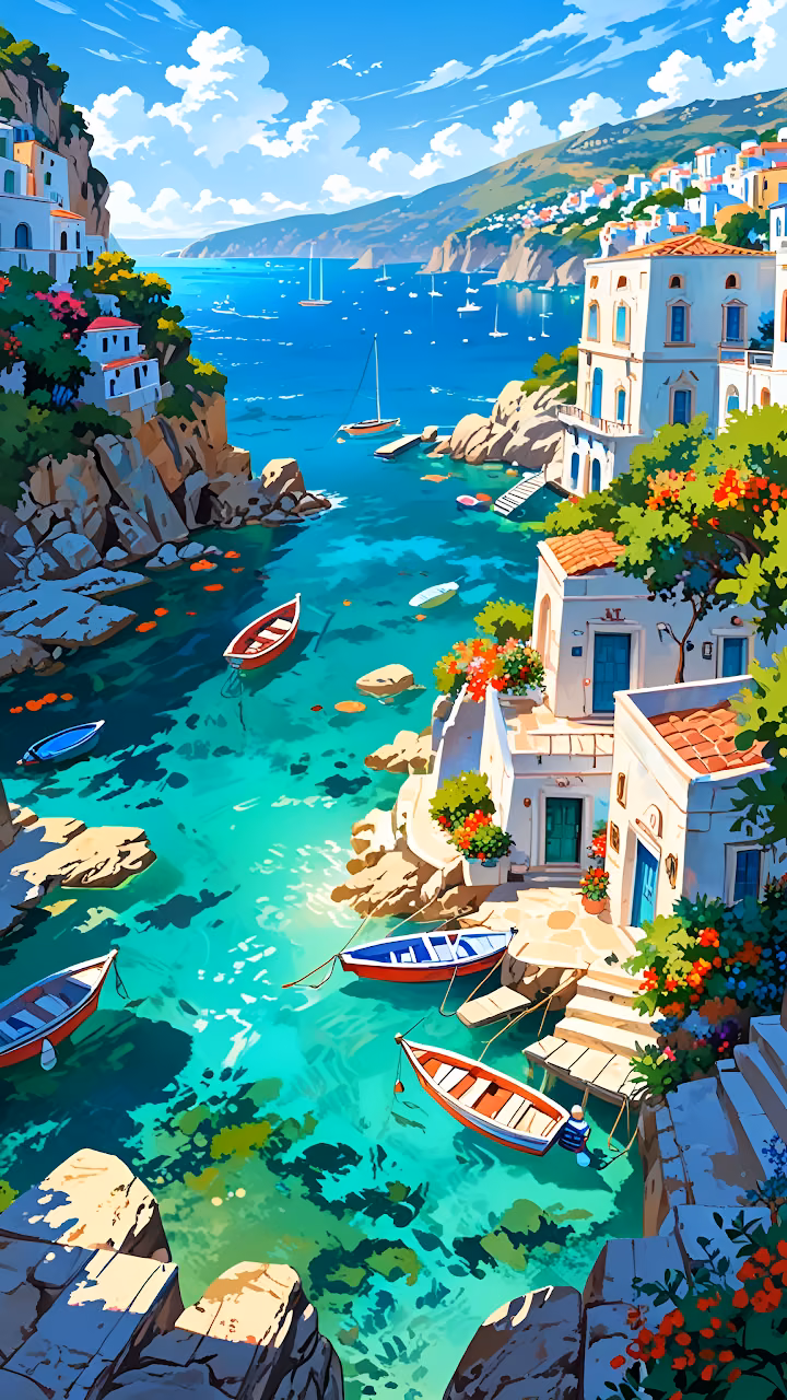Download Colorful Coastal Village with Boats in Turquoise Bay Wallpaper in Mobile HD Colorful Coastal Village with Boats in Turquoise Bay - Free Mobile AMOLED Wallpaper Background