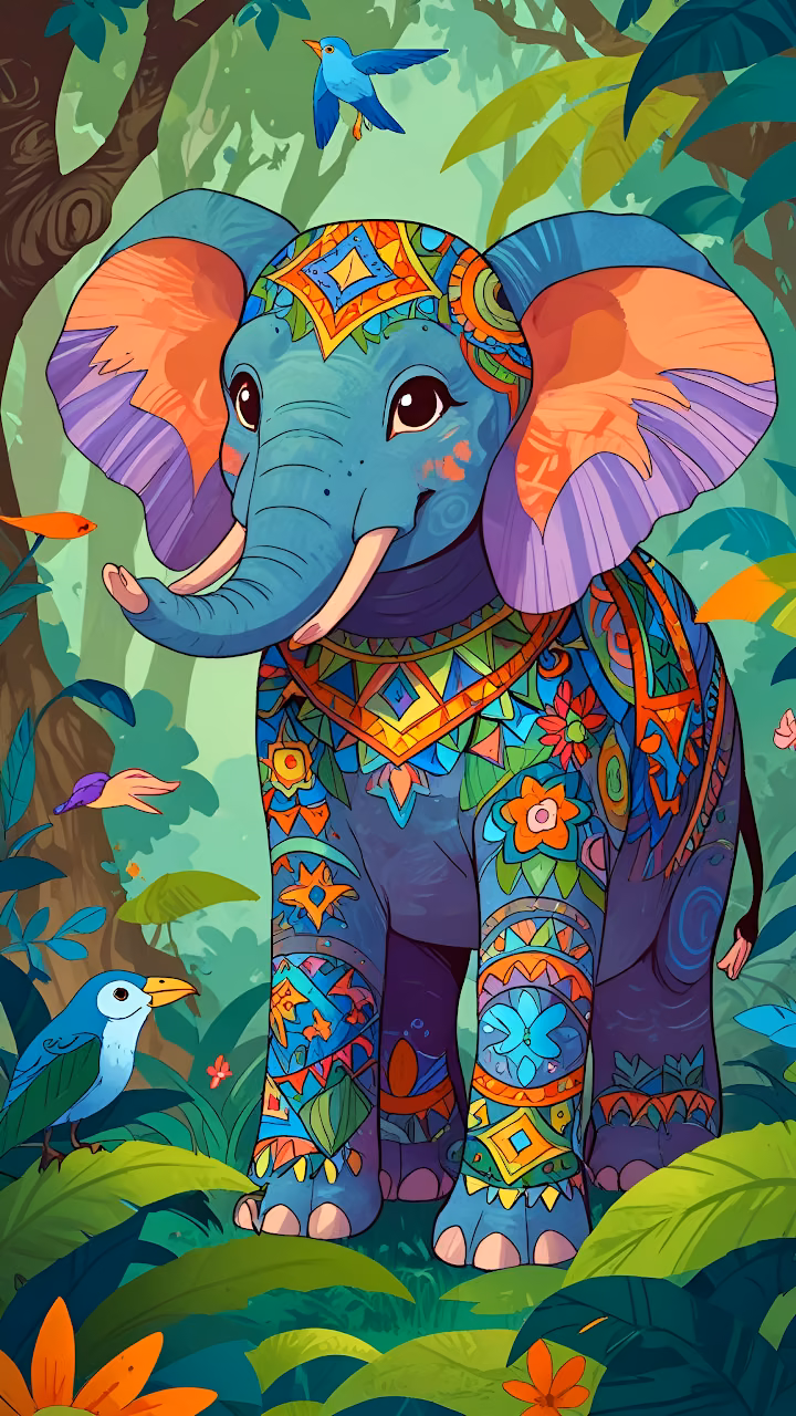 Colorful Decorated Elephant Jungle Illustration Art - Free Mobile AMOLED Wallpaper Background
