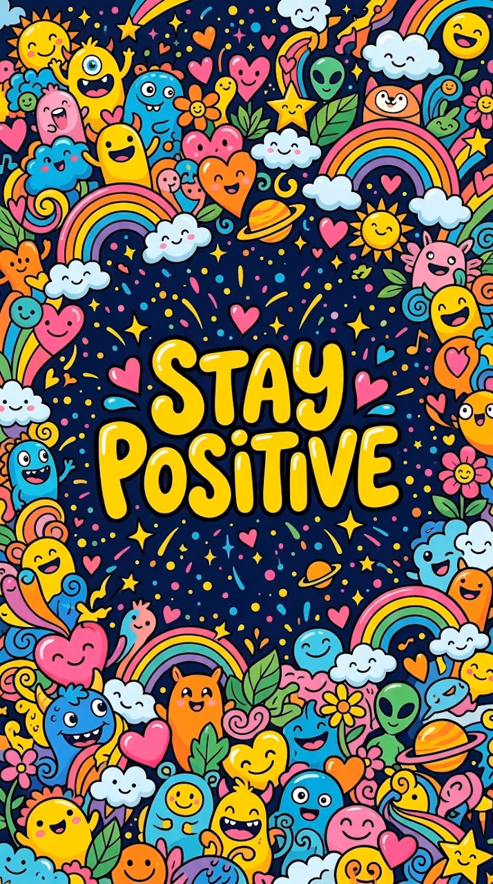 Colorful Doodle Art Background with 'Stay Positive' Typography - Free Mobile AMOLED Wallpaper Background
