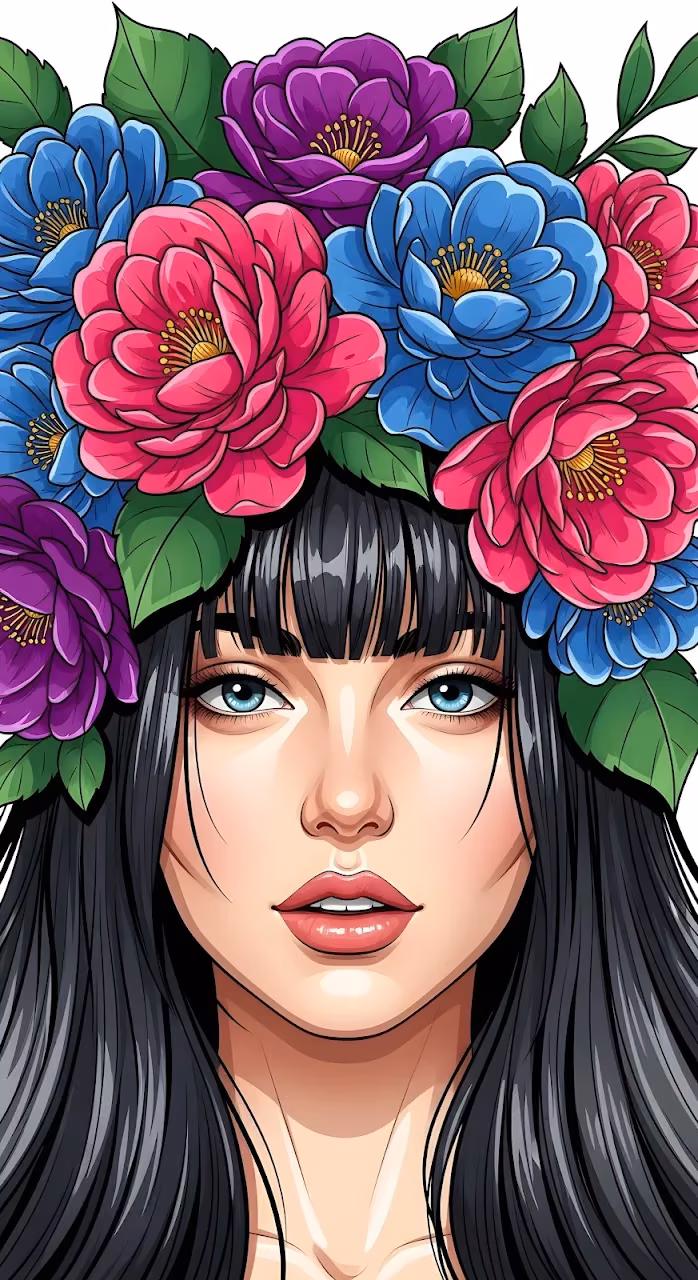 Colorful Floral Wreath Portrait Illustration of Woman - Free Mobile AMOLED Wallpaper Background