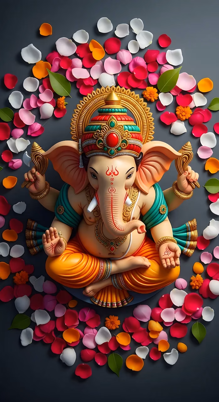 Colorful Ganesha Deity Statue Surrounded by Rose Petals - Free Mobile AMOLED Wallpaper Background