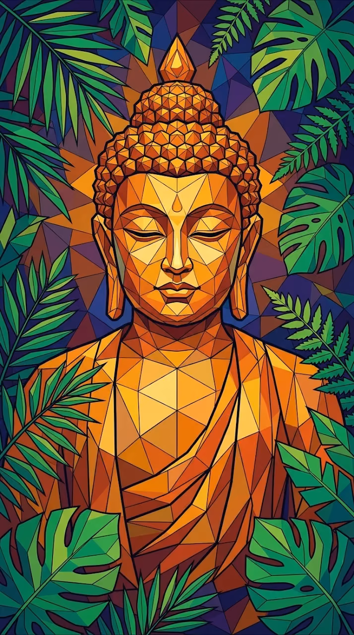Colorful Geometric Polygonal Buddha Face with Closed Eyes - Free Mobile AMOLED Wallpaper Background