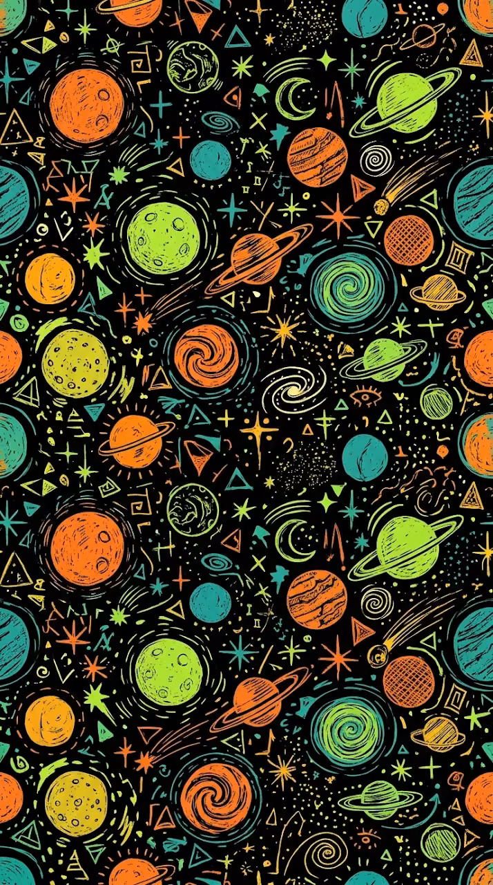 Colorful Hand-Drawn Abstract Space Planets and Stars Pattern - Free Mobile AMOLED Wallpaper Background