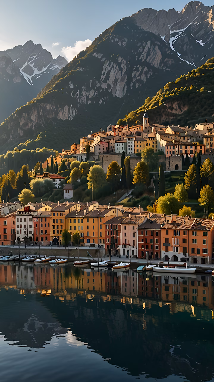 Colorful Italian Village Lake Garda Alpine Mountain View - Free Mobile AMOLED Wallpaper Background